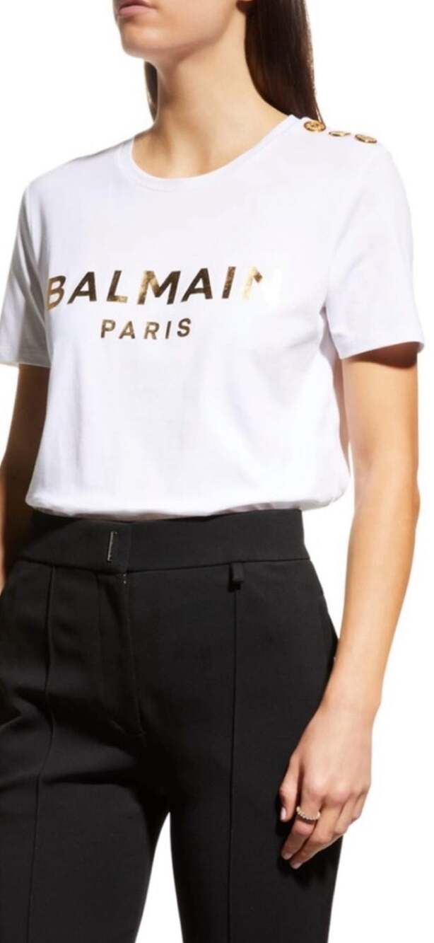 Balmain Paris White Cotton Metallic Logo T-Shirt with Gold Lion Buttons Size M
